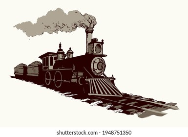 Side view diesel power moving engine on white sky text space backdrop. Freehand outline black ink hand drawn pictogram logo emblem insignia design in art aged paper etch pencil line doodle print style