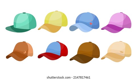 Side view different baseball caps vector illustrations set  Sports hats and visors for children   adults isolated white background  Headwear  fashion  summer concept