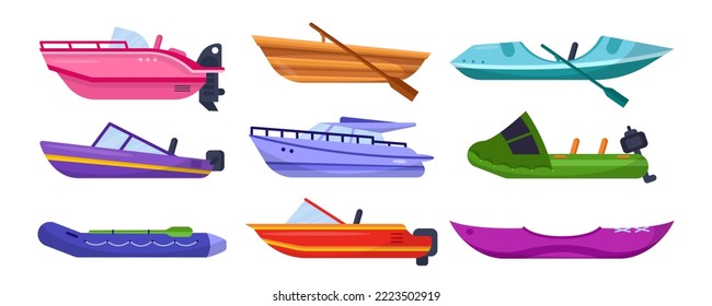 Side view of different kinds of boats vector illustrations set. Boats with motor or paddle, wooden and rubber boats, water transport. Traveling, transportation, sports, leisure, speed concept