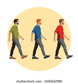 Side View of Different Men Walking Forward. Vector Illustration. Isolated on White Background