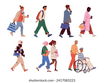 Side view of different walking people. Men and women in stylish casual clothes go to work or university. Hurrying characters. Cartoon flat vector illustration set isolated on white background