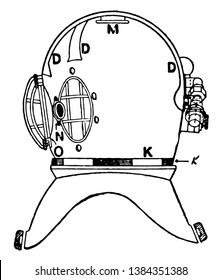Side view of the diving helmet which protects the diver's head when doing heavy or dangerous work, vintage line drawing or engraving illustration.