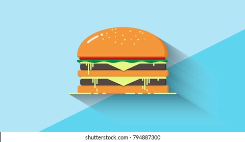 Side view of double cheese burger with juicy sauce and cheese  on the plain blue background