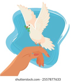 Side view dove with olive branch perched on hand Vector