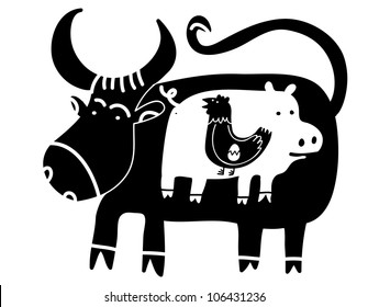 side view of egg inside chicken inside a pig inside a cow