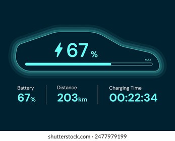 Vista lateral del coche eléctrico que carga la interfaz del holograma del tablero de instrumentos con el tiempo de carga del Estado, concepto del diseño del Vector de la distancia. Tablero de carga de la batería del coche del EV para el iu, Sitio web, negocio del EV, nueva tecnología