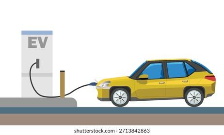 Vista lateral de los vehículos eléctricos tienen sus cables de carga enchufados desde la parte delantera. Los gabinetes de distribución eléctrica ubicados en la acera tienen barreras de seguridad. Sobre fondo blanco aislado.