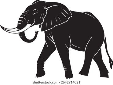 Vista lateral silhueta de elefante enfatizando presas longas, projetado para visuais elegantes e ousados da vida selvagem com uma abordagem minimalista.