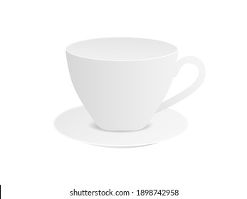 Side view empty porcelain cup on saucer mockup. Ceramic realistic white tableware for hot cappuccino and espresso invigorating vector morning.