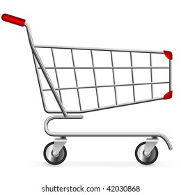 Side view of empty shopping cart isolated on white background.