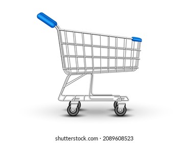 Side view empty supermarket shopping cart isolated on white background. Vector illustration.