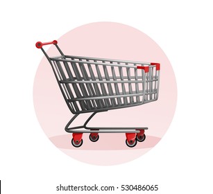 side view empty supermarket shopping cart isolated on white background. vector illustration. 