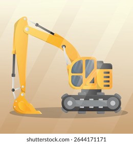 Escavadora de vista lateral com pá grande. Ilustração de veículo de construção de máquinas pesadas.

