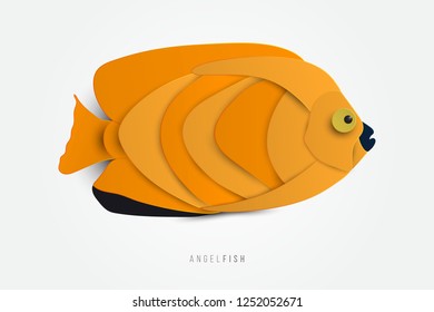 Side view of exotic angel fish in paper cut craft style. Sea animals vector illustration. Ocean animals isolated on white background