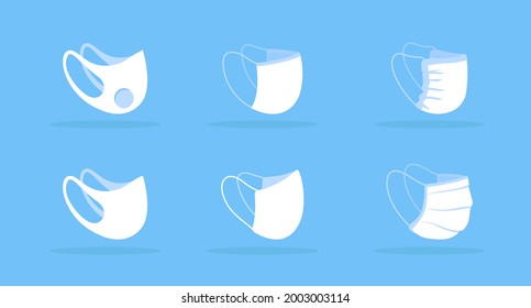 Side view face mask white mockup. Suppressing covid transmission. Avoiding dust and small particles exposure. Protective equipment. Modern item clipart. Isolated design template on blue background