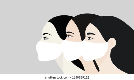 Side view face women wearing face masks prevention from COVID-19 coronavirus vector illustration. Coronavius design concept background