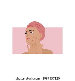 Side view of face young beautiful woman wrapped her hair in a pink cloth was frowning and squeezing a pimple. Vector isolate flat design concept for  Beauty, skincare, makeup or cleaning banner card.