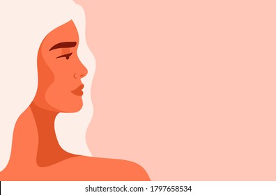 Side view face of a young strong Caucasian woman with blond hair. Concept of fighting for equality and women empowerment movement. Vector horizontal banner.