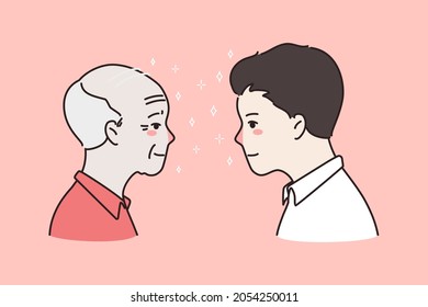 Side view faces of young and old man facing each other. Younger and older male generation on one picture. Facial changes with age. Maturity, growing, aging concept. Flat vector illustration. 