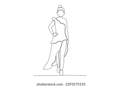 Side view of a fashion show model on stage. Fashion show one-line drawing