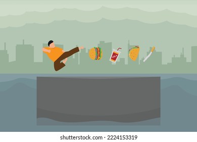 Side view of fat man kicking junk foods and cigarette 2d vector illustration concept for banner, website, illustration, landing page, flyer, etc