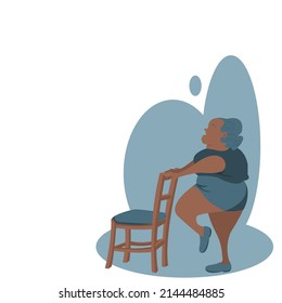 Side view of Fat woman with short grey hair, near the elderly, wearing sportswear, standing on a chair to exercise.Vector isolate flat design concept for health care, weight loss, sportcare,yoga day.