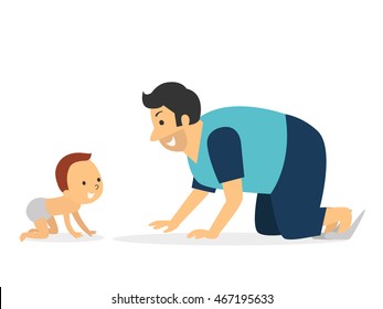 Side View Of Father And Baby Crawling, Enjoy Together. Simple Cartoon Character.