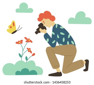 Side view of female character holding camera shooting flower. Sitting woman holding digital equipment photo-shooting blossom, butterfly and cloud vector