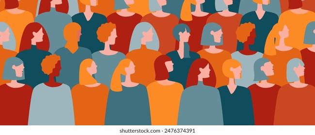side view female characters of various nationalities. community diverse cultural side view people standing together.
