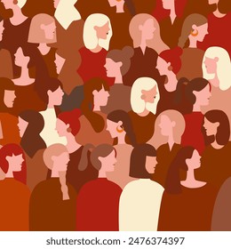 side view female characters of various nationalities. community diverse cultural side view people standing together.
