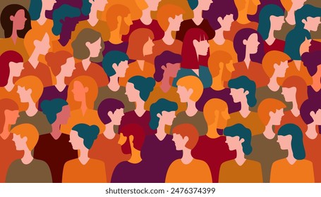 side view female characters of various nationalities. community diverse cultural side view people standing together.