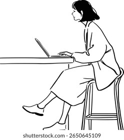 Vista lateral de uma mulher freelancer ou estudante trabalhando remotamente. Simples desenho vetorial preto e branco para conceitos empresariais ou educacionais modernos.