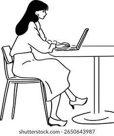 Side view of a female working or studying at a table with a laptop. 