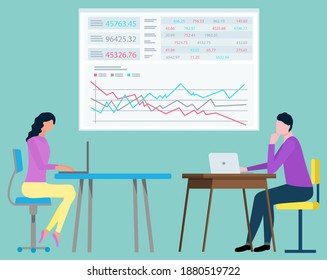 Side view of females characters sitting at desktop with laptop, finance report. Women working with computer, business teamwork, investment vector