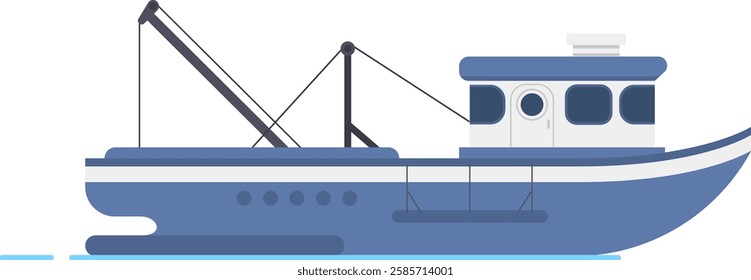 Side view of a fishing boat floating on calm water, featuring crane, cabin, and portholes, ideal for representing commercial fishing, seafood industry, or maritime themes