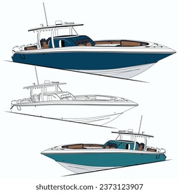 Side view fishing boat vector line art illustration t-shirt and printable on various materials.
