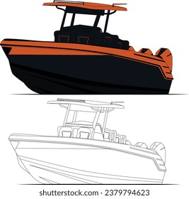  Side view fishing boat vector line art illustration.