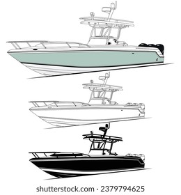  Side view fishing boat vector line art illustration.