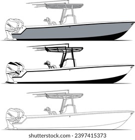 Side view fishing boat vector line art illustration t-shirt and printable on various materials.