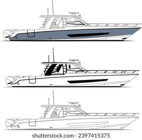 Side view fishing boat vector line art illustration t-shirt and printable on various materials.