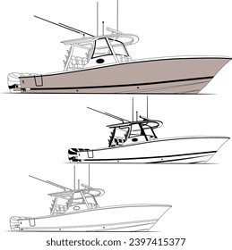 Side view fishing boat vector line art illustration t-shirt and printable on various materials.