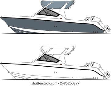  Side view fishing boat vector art, line art, illustration and one color printable design