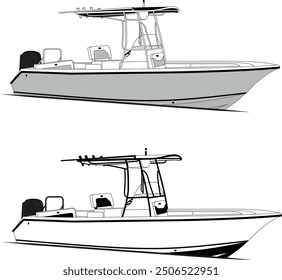 Side view fishing boat vector line art illustration t-shirt and printable on various materials.