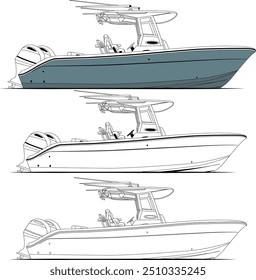 Vista lateral del barco de pesca Vector línea ilustración de arte camiseta e imprimible en varios materiales.	