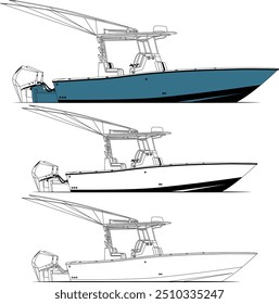 Side view fishing boat vector line art illustration t-shirt and printable on various materials.	