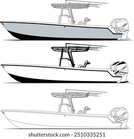 Side view fishing boat vector line art illustration t-shirt and printable on various materials.	