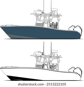 Side view fishing boat vector line art illustration.	