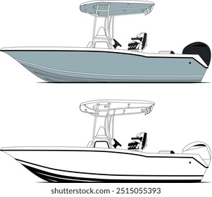Side View Fishing Boat Vector and One Color, free for download, Line Art, Vector Art, Flat Design, Fishing Illustration, Boat Vector, Silhouette Photo, Wave Vector