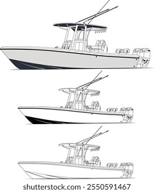 Side view fishing boat vector, line art, illustration, and one-color