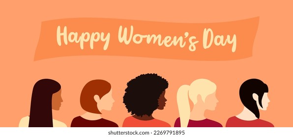 Side view of five women of different nationalities standing together. International Women's Day greeting banner. Flat vector illustration